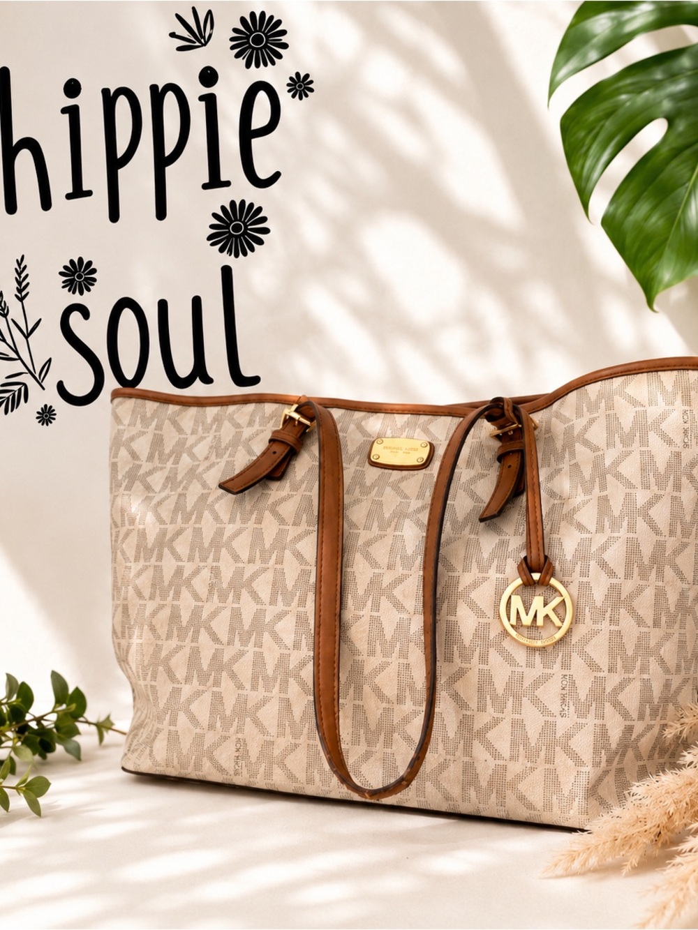 Michael Kors Beige Monogram Tote with Brown Leather Trim